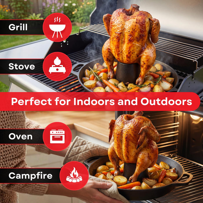 Cast Iron Vertical Chicken Roaster with Drip Pan - Beer Can Holder for Crispy Juicy Poultry on Grill, Oven, Stovetop & Campfire | Pre-Seasoned Non-Stick BBQ Cooking Stand for Chicken Turkey & Veggies