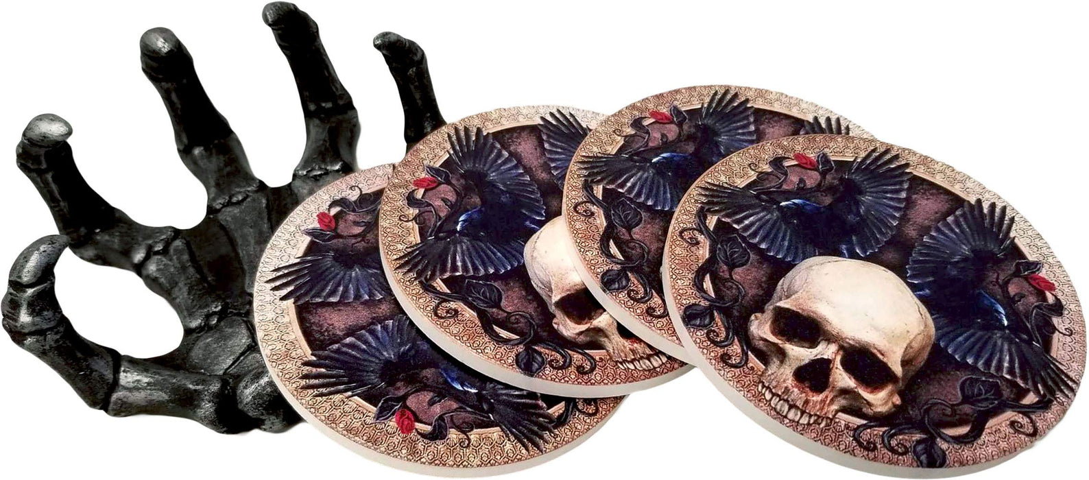 DWK - Helping Hand - Beautiful Gothic Skull Beverage Coasters with Creepy Skeleton Hand Holder for Halloween Home Kitchen Dining and Bar Décor Accent, 5.5-inch