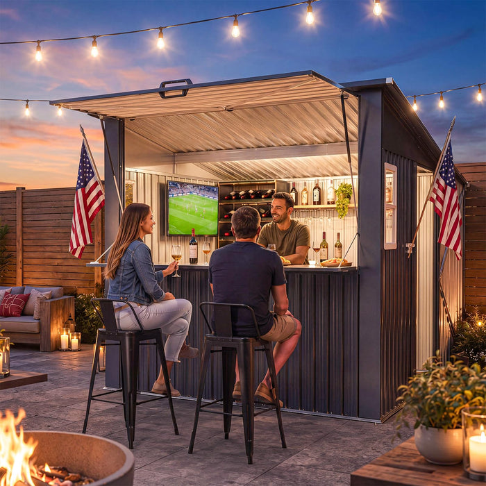 Aoxun 8x7 FT Outdoor Bar Shed with Canopy Black