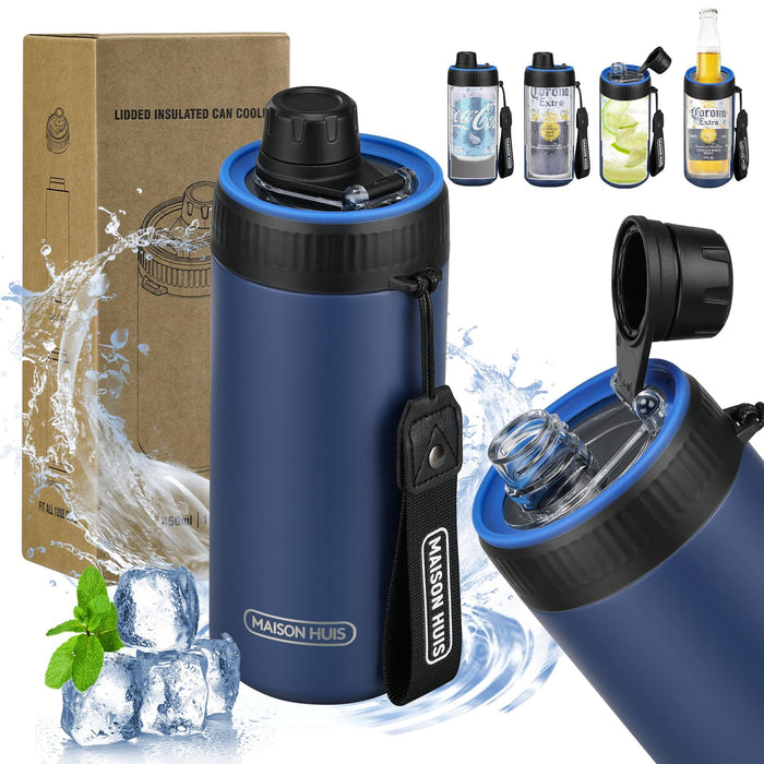 4 In 1 Beer Can Cooler Bottle Holder with Drinking Spout Lid for 12oz Regular, Slim Skinny Cans and Thermal Bottles,Sealed Insulated Double Wall Vacuum Stainless Steel Can Keeps Your Drinks Cold