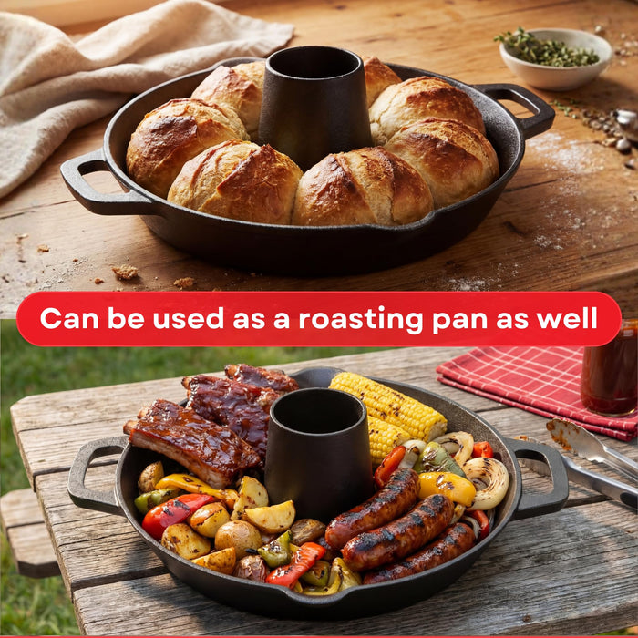Cast Iron Vertical Chicken Roaster with Drip Pan - Beer Can Holder for Crispy Juicy Poultry on Grill, Oven, Stovetop & Campfire | Pre-Seasoned Non-Stick BBQ Cooking Stand for Chicken Turkey & Veggies