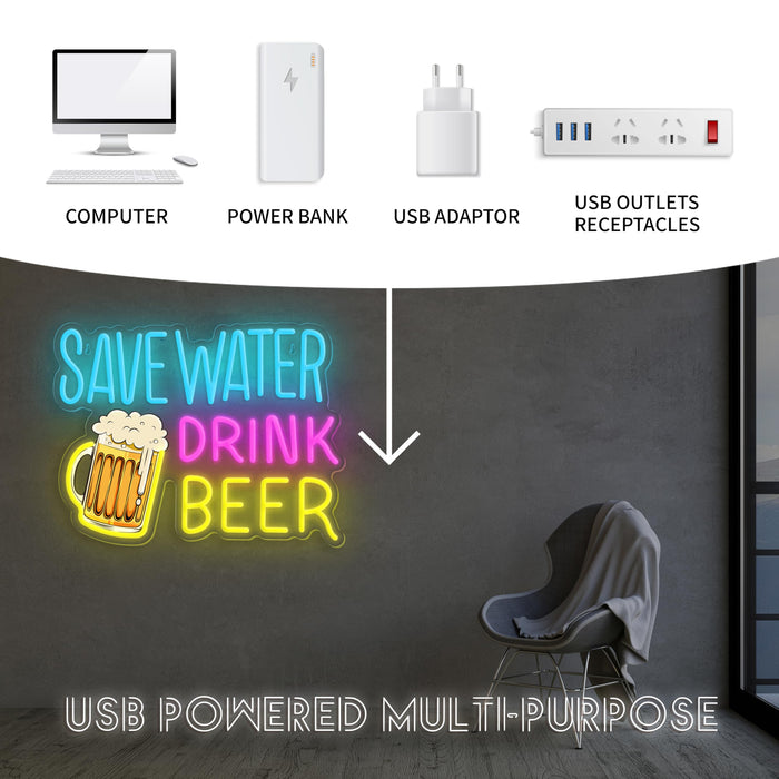 Save Water Drink Beer Neon Sign LED Beer Neon Lights for Wall Decor Dimmable Neon Bar Signs for Home Beer Bar Man Cave Pub Restaurant Bistro Club Party Decorations