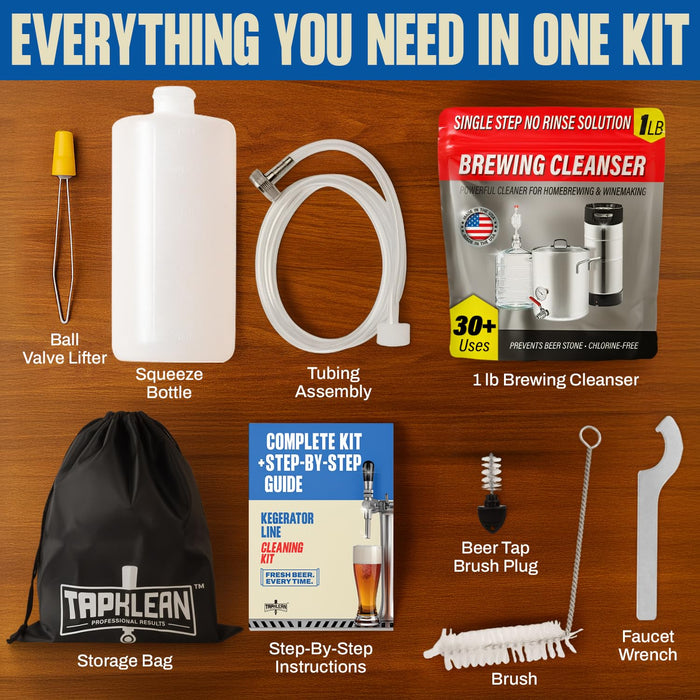 Kegerator Cleaning Kit with 1 LB Beer Line Cleaner Made in USA – 30+ Uses, Complete Keg Cleaning Kit with Metal Coupler, Squeeze Bottle, Wrench, Detailed Instructions, Storage Bag & Beer Tap Brush