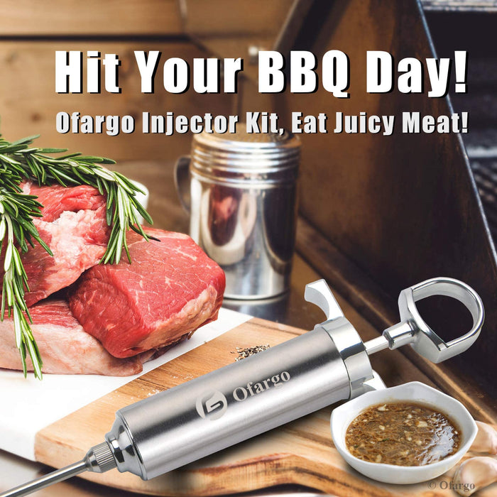 Ofargo Stainless Steel Meat Injector Syringe Kit with 4 Marinade Needles for BBQ Grill Smoker, Father Day Gifts for Dad Husband Men Him, 2-oz Large Capacity, Both Paper User Manual and E-Book Recipe