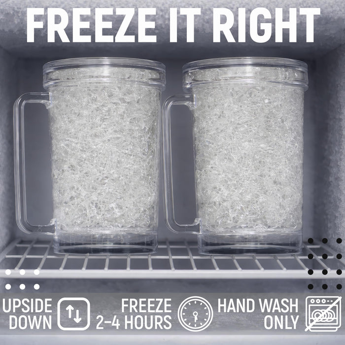 Granatan Frozen Beer Mugs (Set of 2), 16oz Double Wall Gel Freezer Cups with Handle, Acrylic Frosty Ice Stein for Cold Drinks, Break-Resistant Insulated Beer Mug for Dad, Men, Pool Parties & BBQ