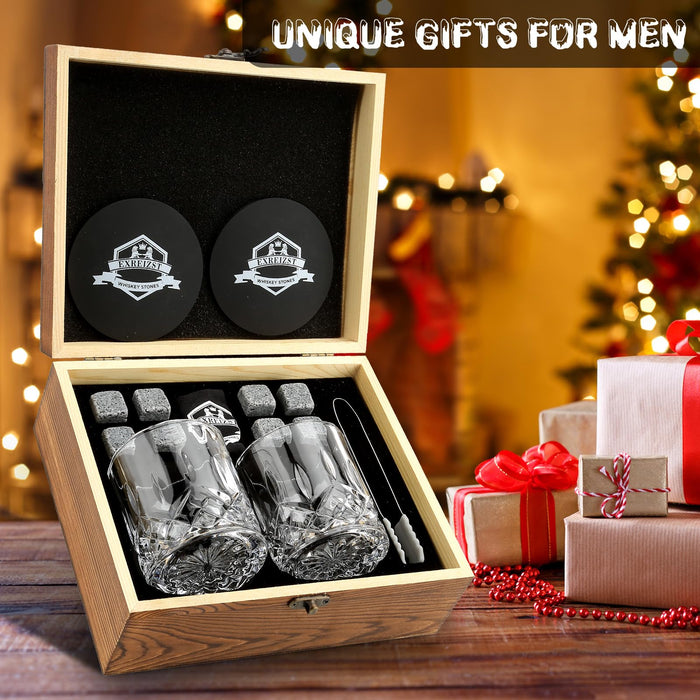 Whiskey Stones Gift Set - Whiskey Glass Set of 2 - Granite Chilling Whiskey Rocks - Scotch Bourbon Gifts for Men -Valentine's Day Birthday Gifts for Men Dad Him Husband Drinking Gift for Holiday