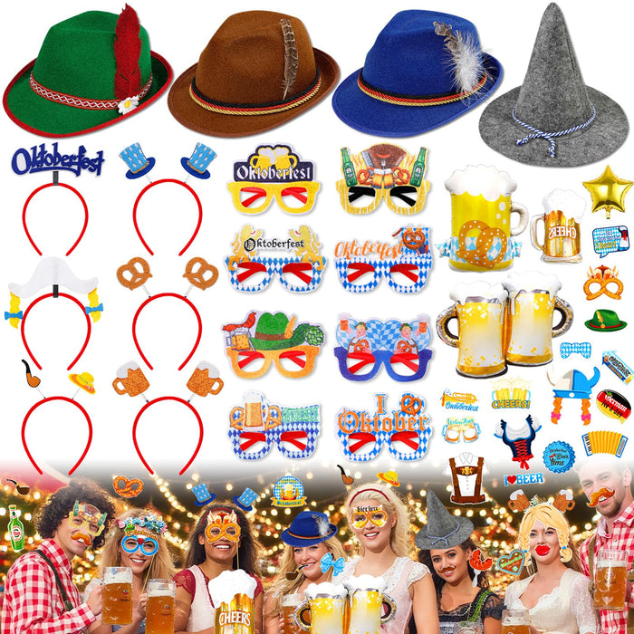 52 Pcs Oktoberfest Decorations Oktoberfest Photo Booth Props Set for Adults Unisex Felt German Bavarian Hats Glasses Hair Bands for Photo Booth Birthday Party