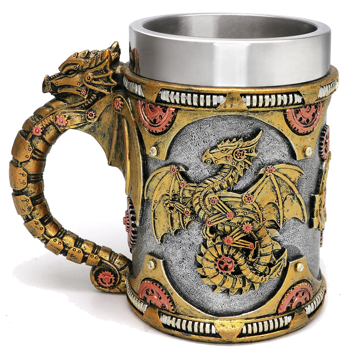 alikiki Medieval Steampunk Dragon Mug - Large Coffee Mug Mechanical Dragon D&D Gift for Men Father's Day Gifts - 21OZ Stainless Steel Party Gaming Mugs Beer Tankard