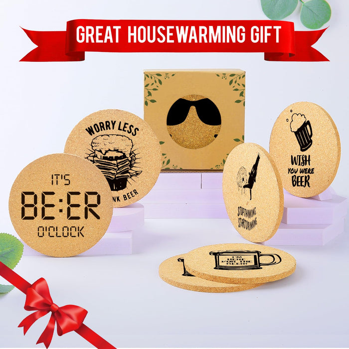 Cegkuc Coasters for Drinks with Holder Set of 6, Absorbent Cork Wood Coaster for Cup Desk Office Table Kitchen Decor House Warming Gifts for New Home Couples, Round 4"