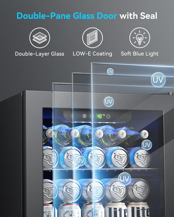 Feelfunn 50 Can Beverage Refrigerator, 1.3CuFt Mini Fridge with Glass Door