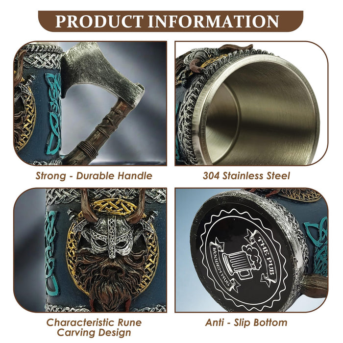 Viking Beer Mug 15oz Stainless Steel Double Wall Heavy Mug, Hand-Carved Oak with Norse Runes, Axe Handle Tankard Gifts for Men Medieval Drinking Cup, Cool Beer Stein for Home Bar Viking Decor