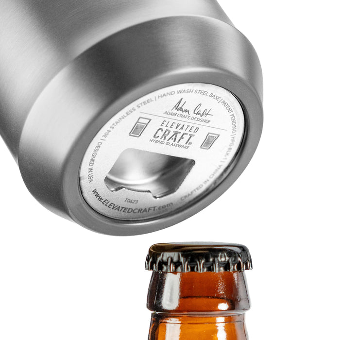 Elevated Craft Hybrid Vacuum Insulated Stainless Steel Base with Removable Pint Glass Insert, Ideal Insulation for Beers & Cold Beverages with Built-in Bottle Opener, Durable & Stylish, Black (16 oz)