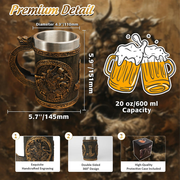 IELCJJ Original Handmade Viking Runes Mug - 20oz Thor Hammer Mjolnir Beer Tankard - 304 Stainless Steel Medieval Celtic Pirate Heavy Viking Cup - Novelty Norse Mythology Decor - Gift for Men Women