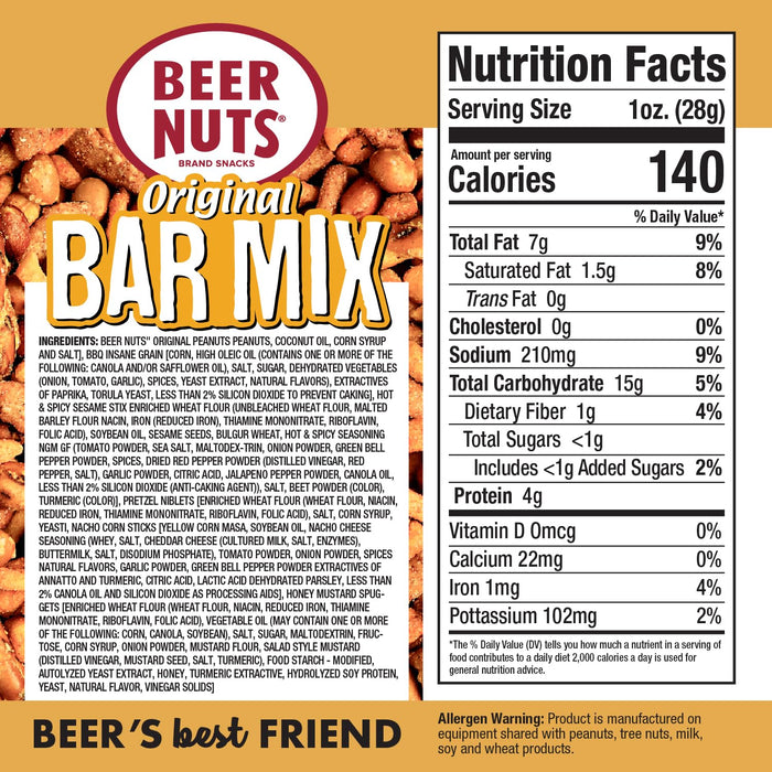 BEER NUTS Original Bar Mix - Crunchy Party Pretzels, Cheese Sticks, Sesame Sticks, Roasted Corn Nuts, & Original Roasted Sweet Glazed Salted Peanuts - Chips Alternative Snack - 26oz Resealable Jar