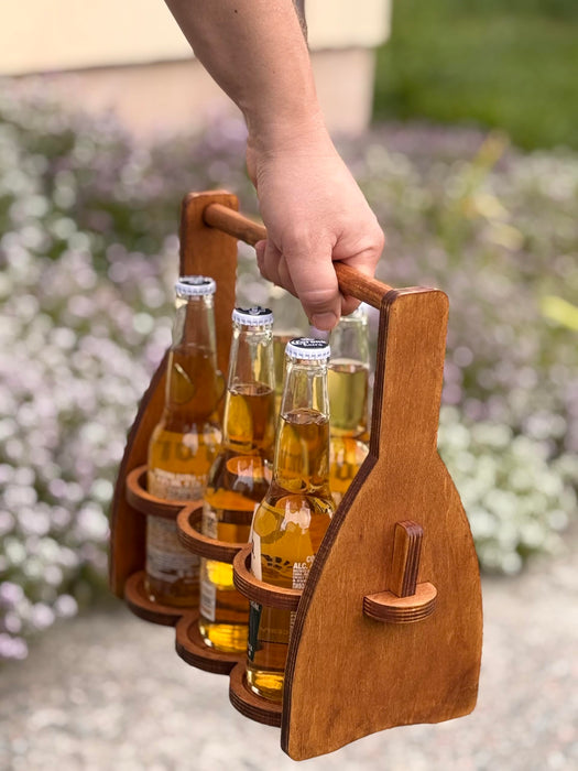 ROSTMARYGIFT Wooden 6-Bottle Beer Caddy - Collapsible Drink Holder - Beer Lover Gifts for Men, Him, Dad - Six Pack Wood Beer Carrier Basket Tote Organizer - Valentine's Day Gift