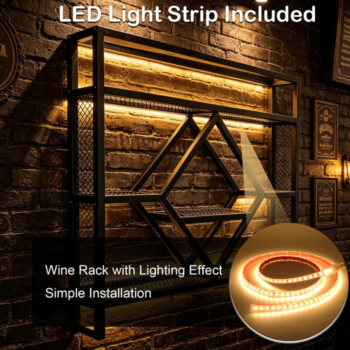 Wall Mounted Wine Rack with LED Light, 39.4in Industrial Metal Wine Bottle Display Shelf with Wine Glass Holder,Large 3 Tier Floating Bar Shelves, Wall Bar Decor for Home Bar Kitchen Dining Room