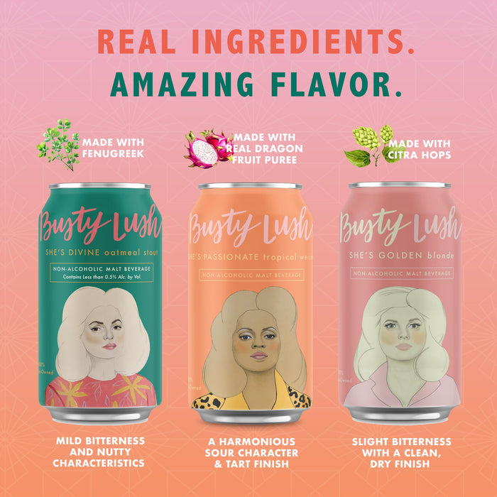 Busty Lush Non-Alcoholic Craft Beer Variety Pack – Blonde Ale, Tropical Sour, Oatmeal Stout – Non-Alcoholic Craft Brew, Low Carb & Low Calorie, NA Drink | 12 oz (12-Pack)