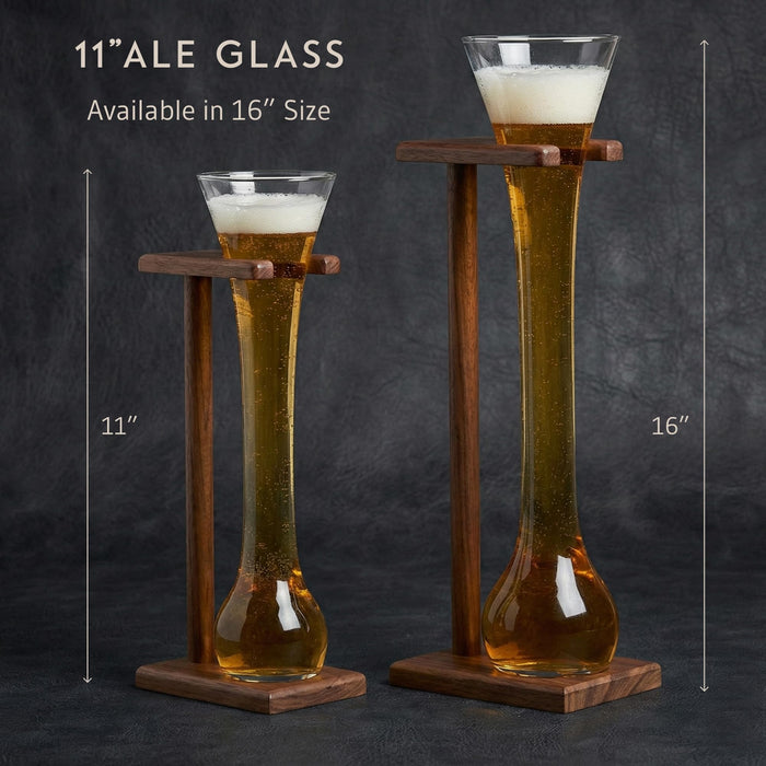 Bey-Berk Personalized Quarter Yard of Ale Glass with Wooden Stand, 12 oz Long Beer Glass and Engravable Solid Wood Base
