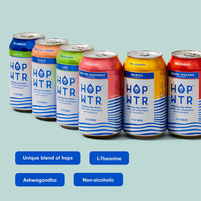 HOP WTR - Sparkling Hop Water - Variety Party Pack (12 Pack) - NA Beer, No Calories or Sugar, Low Carb, With Adaptogens and Nootropics for Added Benefits (12 oz Cans)