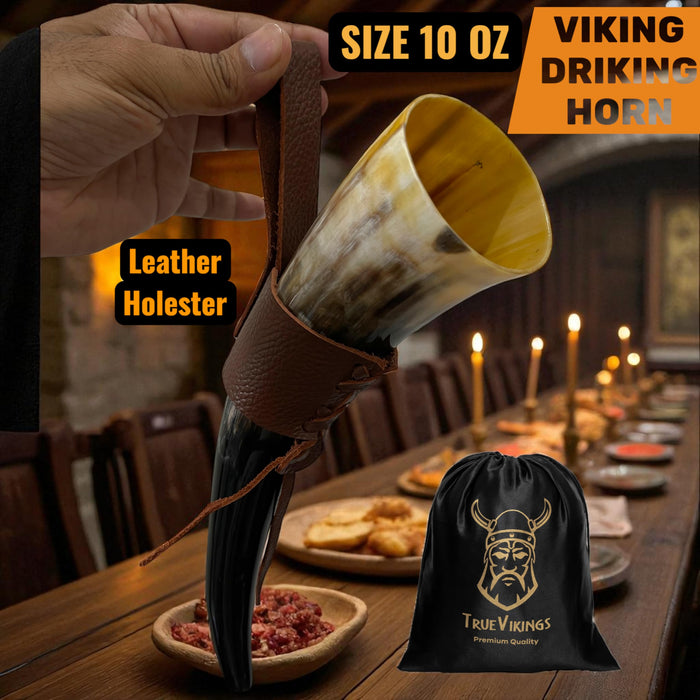 Drinking Horn — 10-12 Inch Viking Gifts for Men & Women | With Thor Bottle Opener & Stand | Handmade & Real Ox Horns | Norse Viking Cup Perfect For Beer, Ale, Mead (12 Oz) (Shine Polished Pack of 2)