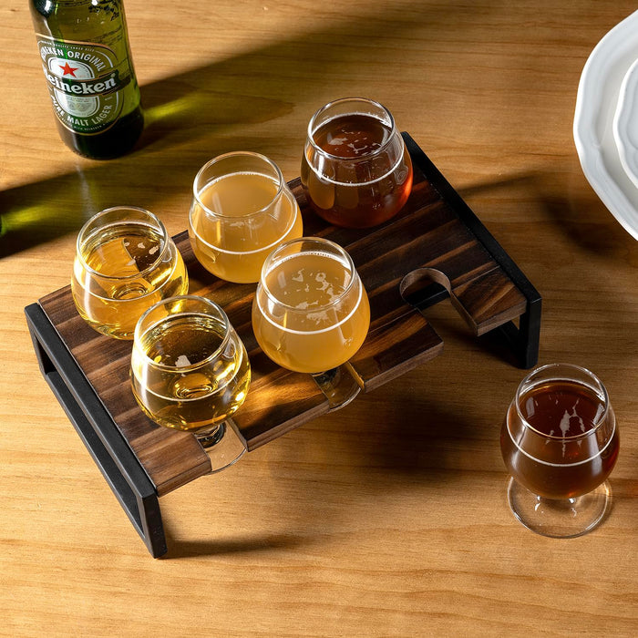 MyGift Urban Industrial Beer Whiskey Flight Board Tasting Set Includes Solid Burnt Wood and Black Metal Server Tray and 6 Small Snifter Sipping Glasses, Margarita, and Wine Tasting Flight Sampler