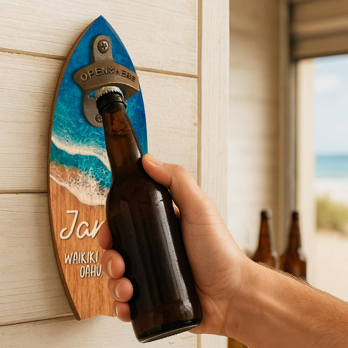 Personalized Wooden Surfboard Bottle Opener Wall Mount with Name & Beach – Custom Retro Bar Decor for Beach House, Summer Party, Housewarming, Father's Day Gift, Man Cave, Cabin or Outdoor Patio