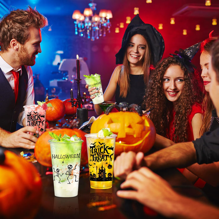 BYMIOYA 50 Pcs 16 Oz Halloween Plastic Cups, Happy Halloween Disposable Clear Cups, Halloween Party Decor Disposable Cups - Ideal for Coffee, Beer, Drinks, Ice Cream, Snacks