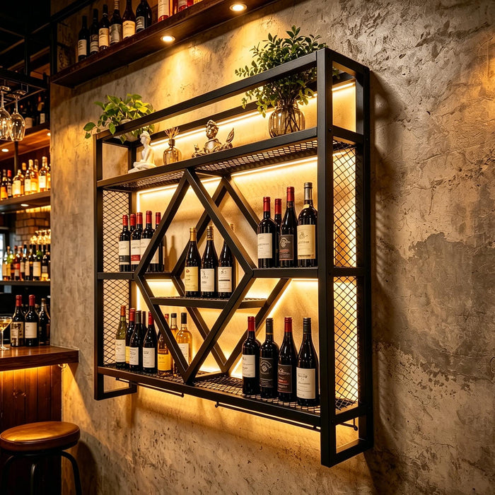 Wall Mounted Wine Rack with LED Light, 39.4in Industrial Metal Wine Bottle Display Shelf with Wine Glass Holder,Large 3 Tier Floating Bar Shelves, Wall Bar Decor for Home Bar Kitchen Dining Room