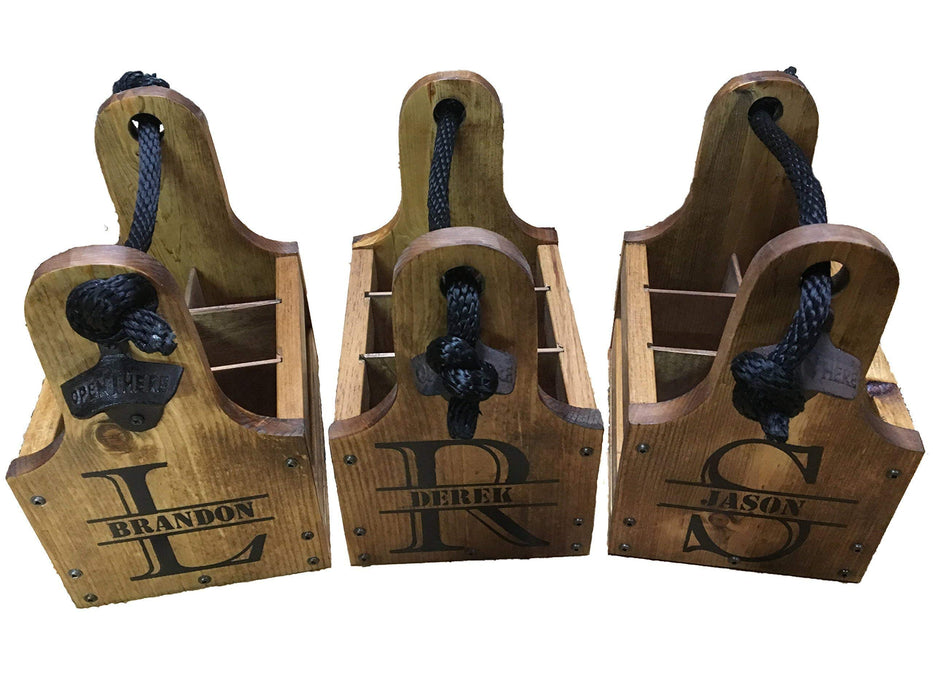 Personalized Wood Beer Caddy with Bottle Opener and Magnetic Bottle Cap Catcher. Handmade Rustic Wooden Six Pack Tote/Carrier - Boxed Split Monogram with Est. Date