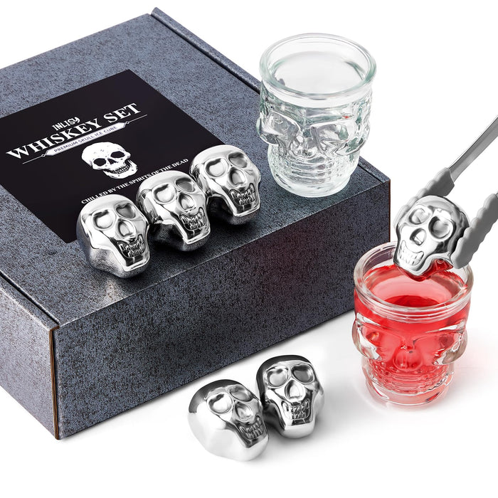 Inlisy Whiskey Stones Skull Edition Spooky Halloween Bar Gift, Set of 6 Metal Ice Cubes, 2 Skull Measuring Short Glasses and 1 Tip Tong, Reusable Stainless Steel Ice Cube