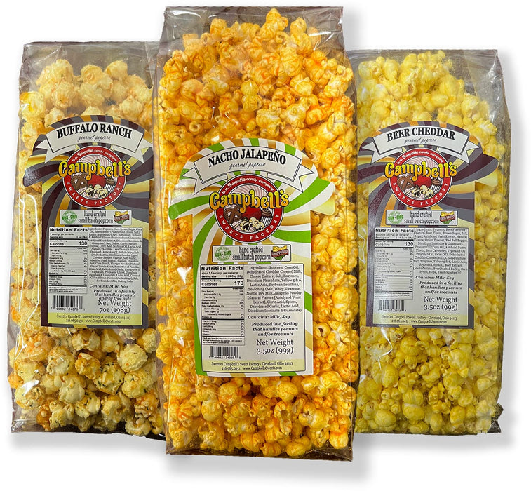 Campbell's Sweets Factory Beer Cheddar, Buffalo Ranch, & Nacho Jalapeno Gourmet Popcorn Flavors - 3 Bag Variety Gift Pack Specialty Popped Popcorn
