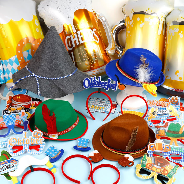 52 Pcs Oktoberfest Decorations Oktoberfest Photo Booth Props Set for Adults Unisex Felt German Bavarian Hats Glasses Hair Bands for Photo Booth Birthday Party