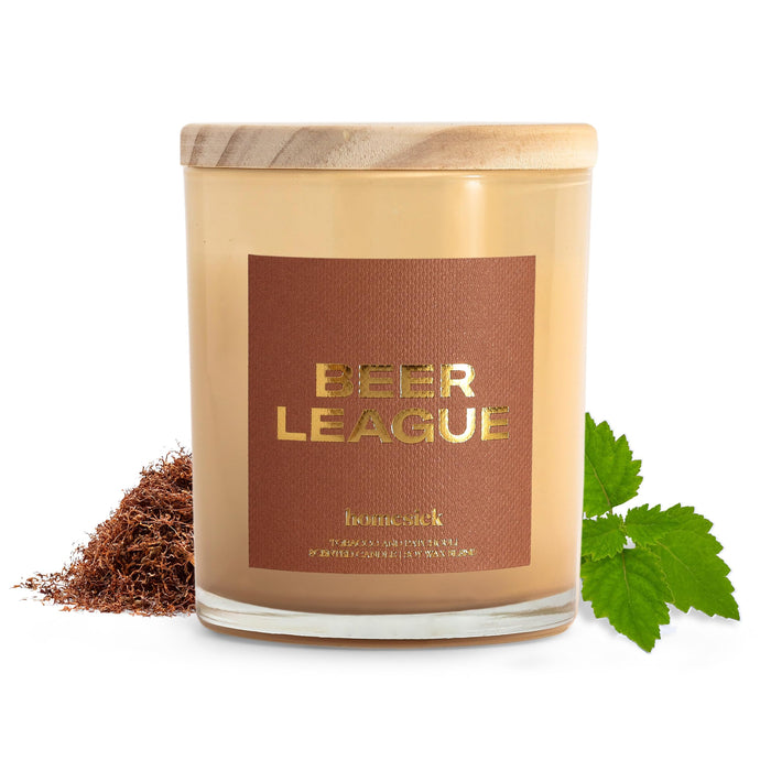 Homesick Scented Candles for Home (Beer League) - 7.5 oz Long-Lasting Natural Soy Wax Blend Jar Candle Gift for Women & Men for All Occasions, 30-35 Hours Burn Time - Notes of Tobacco & Tonka