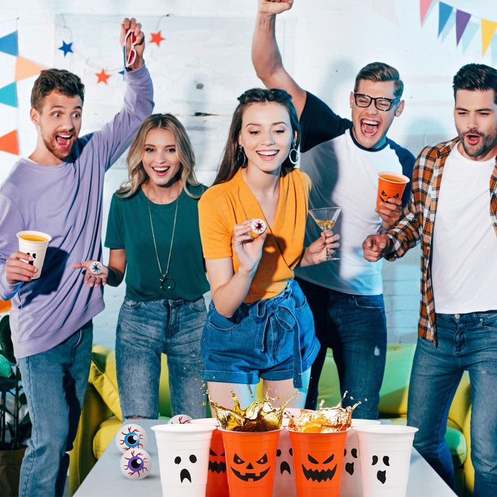 Seenelling 30 Pack Halloween Party Supplies Includes 22 Pcs Beer Cups with Halloween Designs and 8 Pcs 1.5In Fake Eye Balls for Party Favors Indoor Outdoor Nighttime Competitive(Pumpkin Ghost)