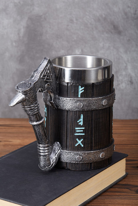 Viking Beer Mug 20oz Stainless Steel Double Wall Heavy Mug, Hand-Carved Oak with Norse Runes, Axe Handle Tankard Gifts for Men Medieval Drinking Cup, Cool Beer Stein for Home Bar Viking Decor
