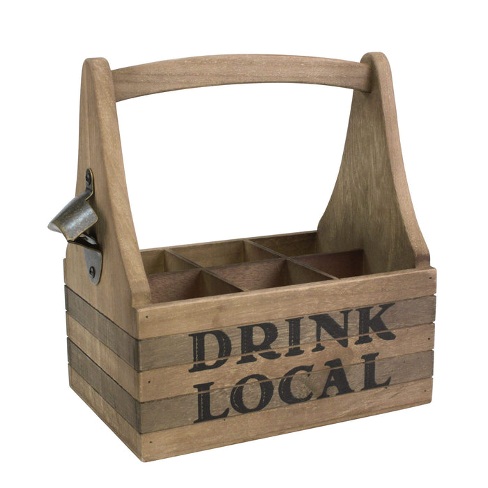 Stonebriar Wooden Drink Local Beer Caddy with Handle and Metal Bottle Opener, Large, Brown