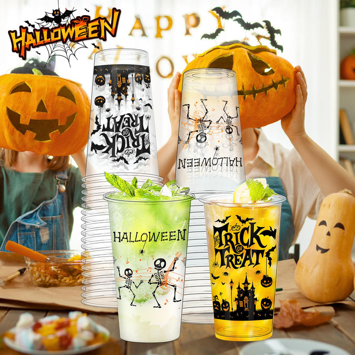 BYMIOYA 50 Pcs 16 Oz Halloween Plastic Cups, Happy Halloween Disposable Clear Cups, Halloween Party Decor Disposable Cups - Ideal for Coffee, Beer, Drinks, Ice Cream, Snacks