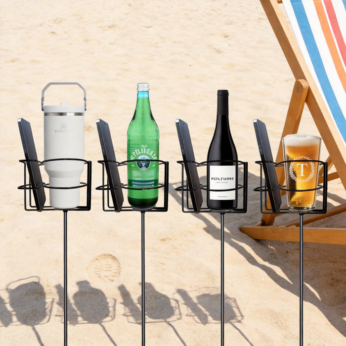 Outdoor Cup Holders, Heavy Duty Metal Beach Drink & Phone Holder Stakes Set