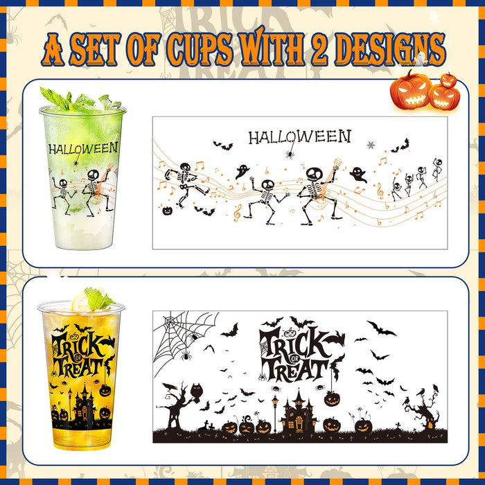 BYMIOYA 50 Pcs 16 Oz Halloween Plastic Cups, Happy Halloween Disposable Clear Cups, Halloween Party Decor Disposable Cups - Ideal for Coffee, Beer, Drinks, Ice Cream, Snacks