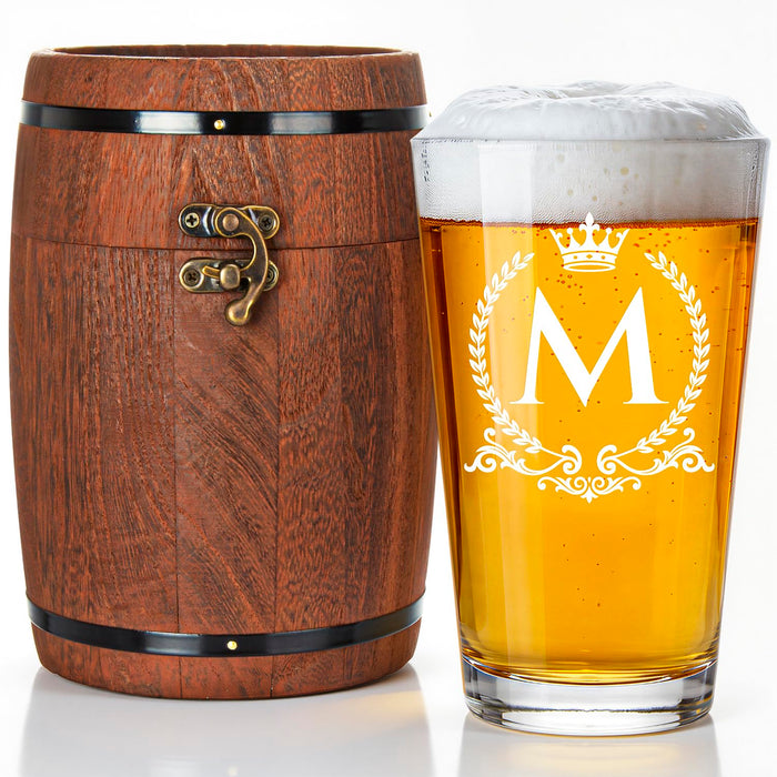 LIGHTEN LIFE Personalized Beer Glass Gifts 16oz with Barrel Box(Letter M)