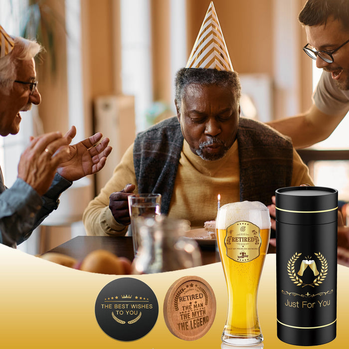 GALOFAY Retirement Beer Glasses Gifts, Personalized Glass Ware Set for Men, Black Gift Package with Drinking Glass, Coaster, and Farewell Card for Retired Man