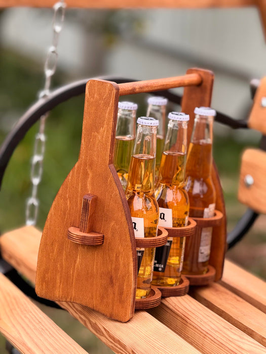 ROSTMARYGIFT Wooden 6-Bottle Beer Caddy - Collapsible Drink Holder - Beer Lover Gifts for Men, Him, Dad - Six Pack Wood Beer Carrier Basket Tote Organizer - Valentine's Day Gift