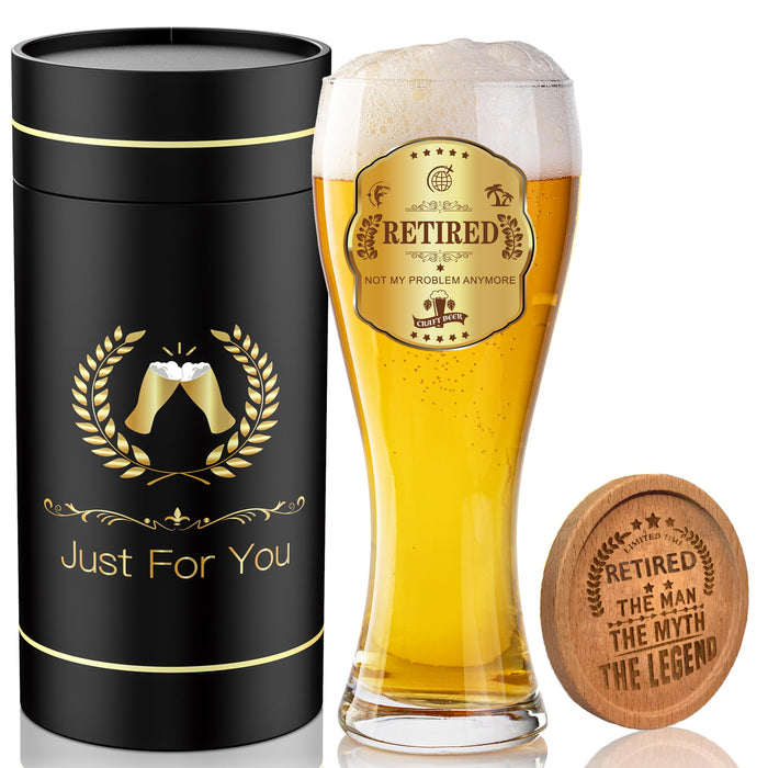 GALOFAY Retirement Beer Glasses Gifts, Personalized Glass Ware Set for Men, Black Gift Package with Drinking Glass, Coaster, and Farewell Card for Retired Man