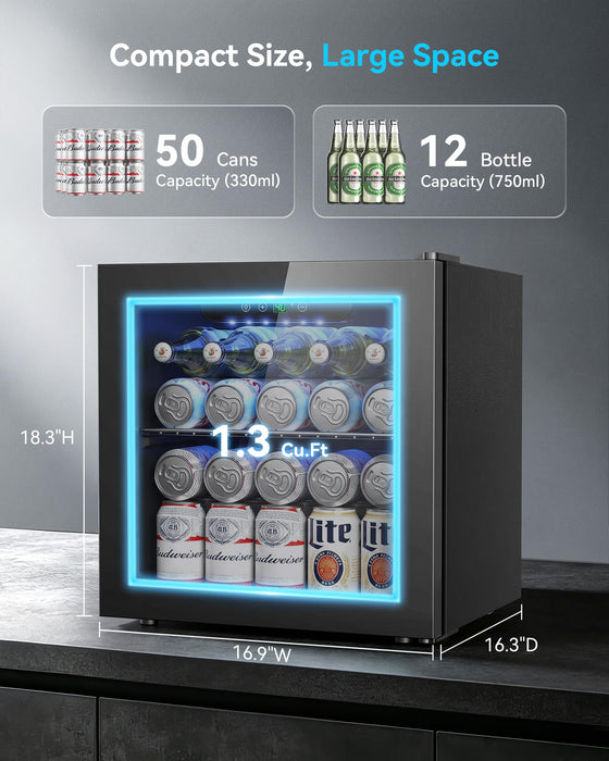 Feelfunn 50 Can Beverage Refrigerator, 1.3CuFt Mini Fridge with Glass Door