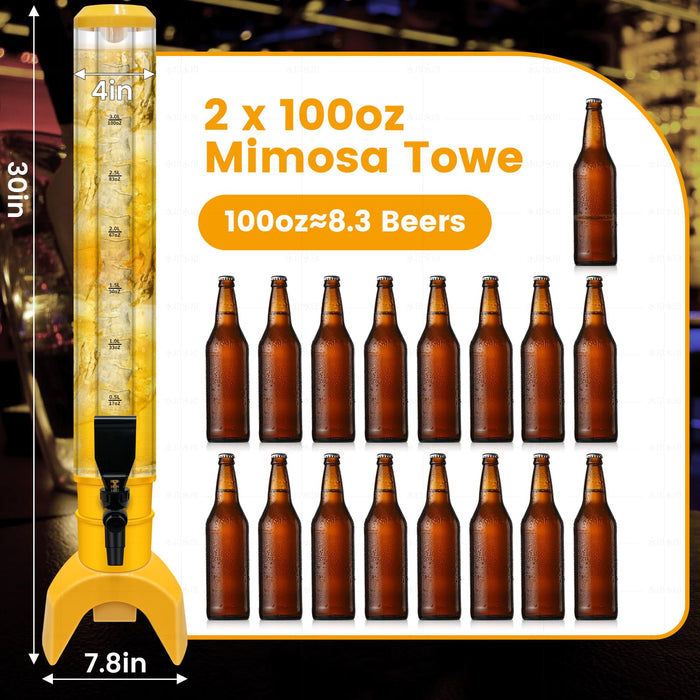 Julymoda 2 Pcs Beer Dispenser, 3L/100 Oz Mimosa Tower with Ice Tube for Bar Party, Tabletop Beer Dispenser for Beer, Liquor, Beverage (Yellow)