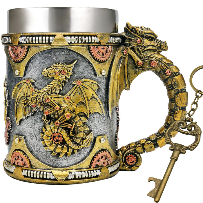 alikiki Medieval Steampunk Dragon Mug - Large Coffee Mug Mechanical Dragon D&D Gift for Men Father's Day Gifts - 21OZ Stainless Steel Party Gaming Mugs Beer Tankard