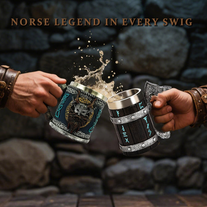 Viking Beer Mug 15oz Stainless Steel Double Wall Heavy Mug, Hand-Carved Oak with Norse Runes, Axe Handle Tankard Gifts for Men Medieval Drinking Cup, Cool Beer Stein for Home Bar Viking Decor