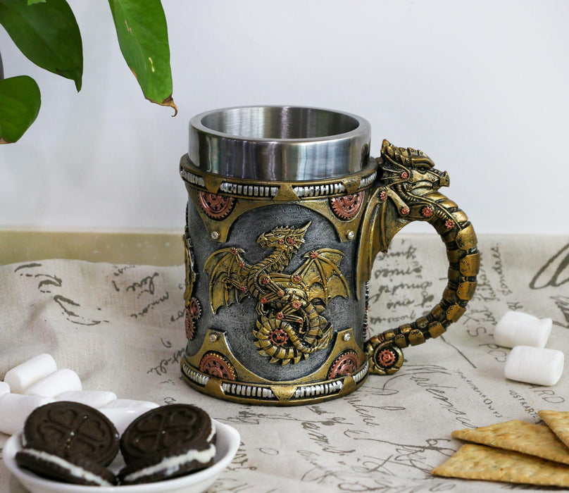 alikiki Medieval Steampunk Dragon Mug - Large Coffee Mug Mechanical Dragon D&D Gift for Men Father's Day Gifts - 21OZ Stainless Steel Party Gaming Mugs Beer Tankard
