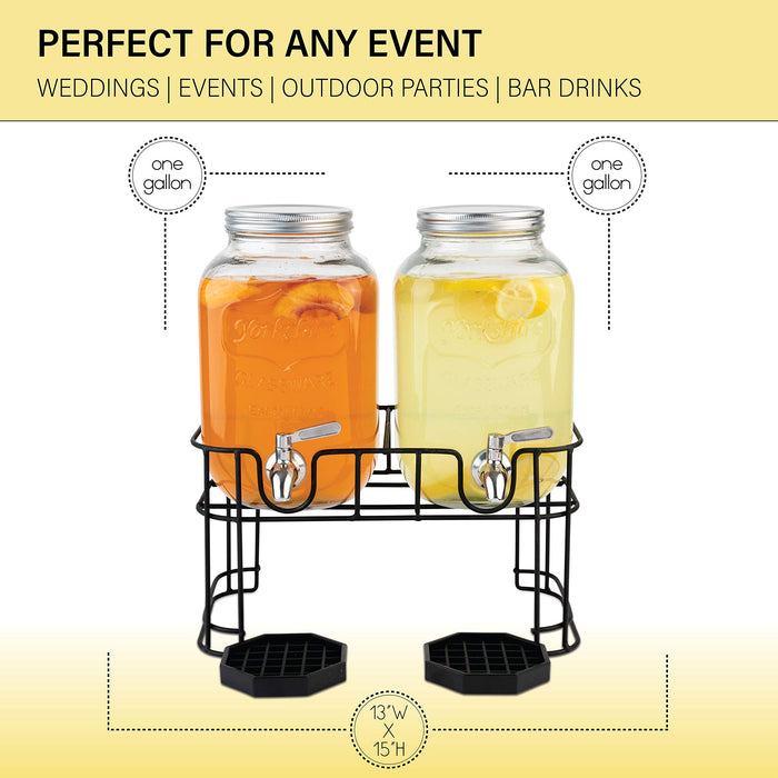 Kitchentoolz Dual Gallon Glass Beverage Dispensers with Fruit Infuser & Ice Insert – Stainless Steel Spigots, Metal Stand, and Drip Trays for Cold Drinks & Flavored Water