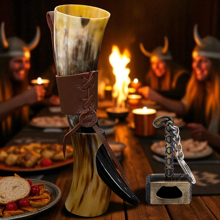 Drinking Horn — 10-12 Inch Viking Gifts for Men & Women | With Thor Bottle Opener & Stand | Handmade & Real Ox Horns | Norse Viking Cup Perfect For Beer, Ale, Mead (12 Oz) (Shine Polished Pack of 2)